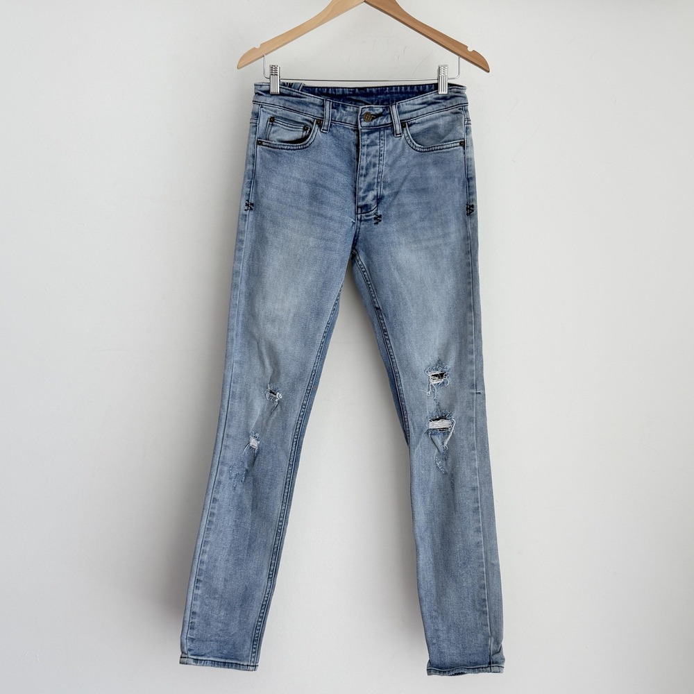 Ksubi Jeans Mens 29x31 Chitch Philly Light Blue Distressed Slim Stretch Denim